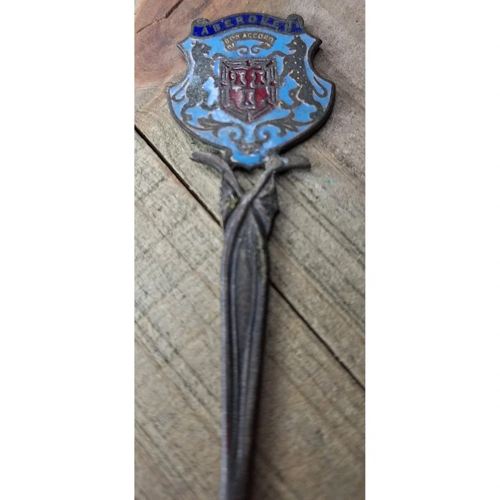 Antique Aberdeen Scotland Sterling Silver Enamel Souvenir Spoon Bon Accord Crest